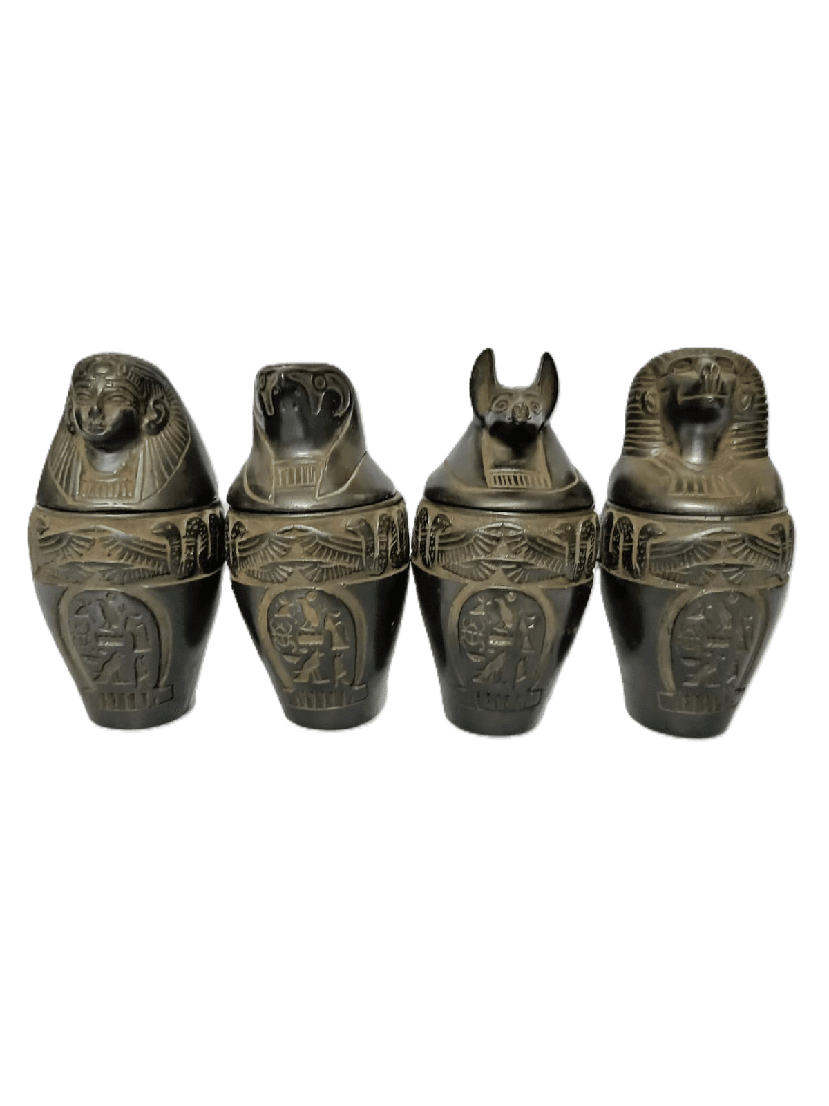 Set of four traditional dark-toned Egyptian canopic jars representing the sons of Horus