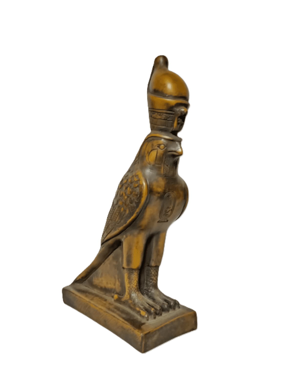 Polished dark stone figurine of the falcon god Horus wearing the double crown of Egypt