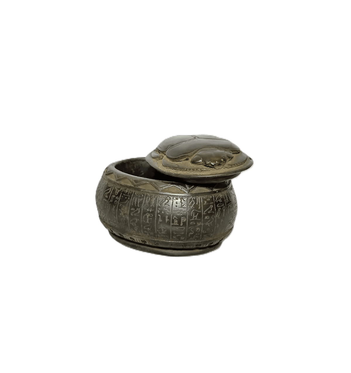 Small dark stone circular trinket box with a hand-carved scarab beetle lid design