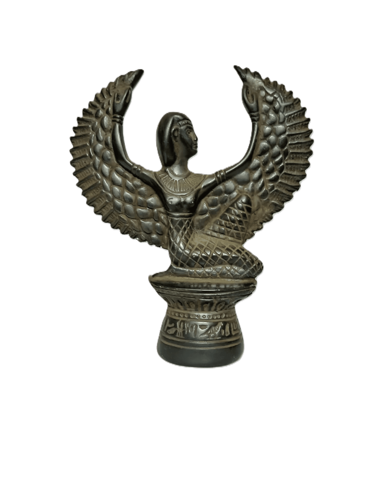Intricately detailed winged deity statue carved out of genuine raw Egyptian stone